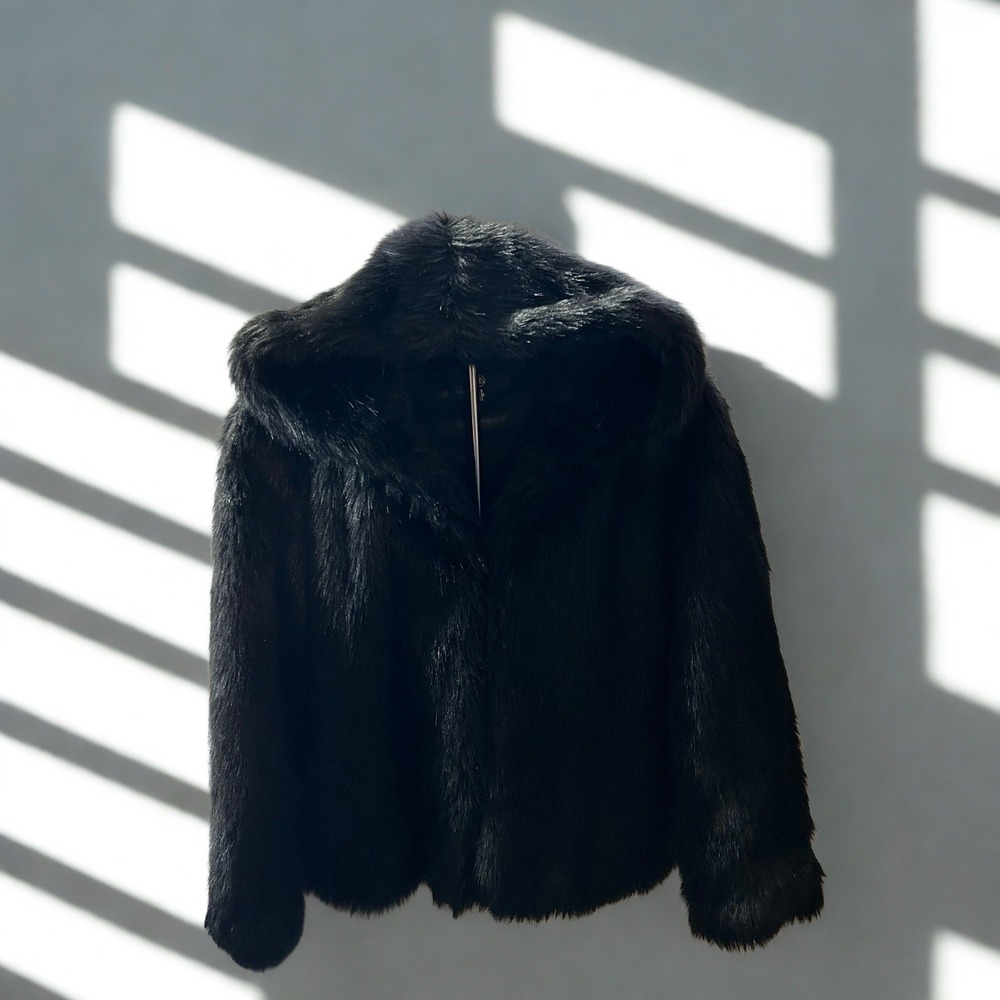 Missguided Black Faux Fur Hooded Jacket Coat‎ Womens US 2 Small Glam Mob Wife